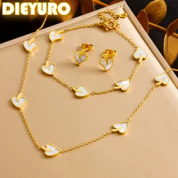 DIEYURO 316L Stainless Steel Simple Elegant White Shell Leaf Necklace Earrings Bracelet Suit New Trend Foliage Jewelry Gift Set