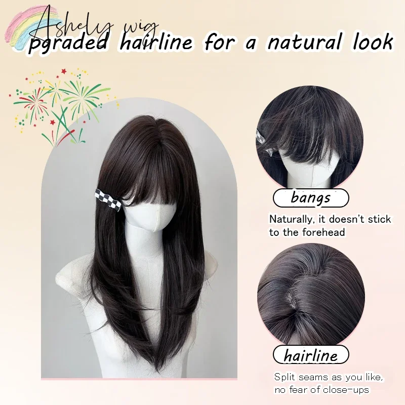 Black Wig Ageing High Level Air Bangs 22inch Medium Long Hair Light Wig Female Models Headband Wigs Deguisement Femmes Lolita 가발