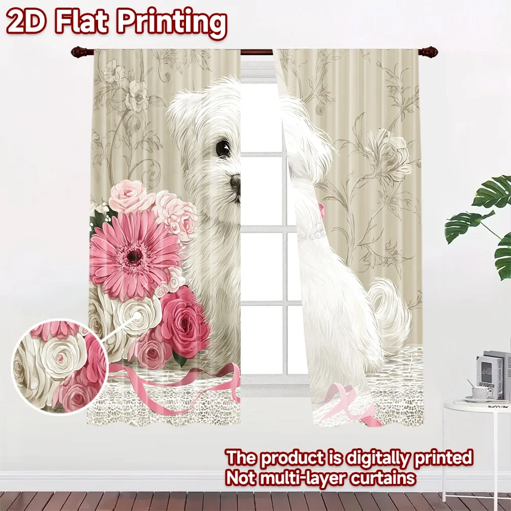 2D flat printing 2pcs Scene Curtains Cute White Puppy Pink Bow Digital Printed Polyester Drapes Holiday Decorations for Booths
