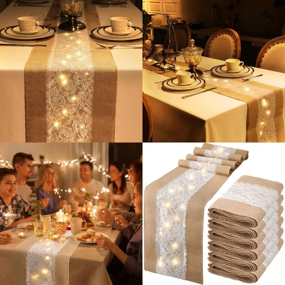 

Rustic Lace LED-lit Burlap Table Runner, 12ft x 12in, for Modern Vintage Farmhouse Weddings & Holidays