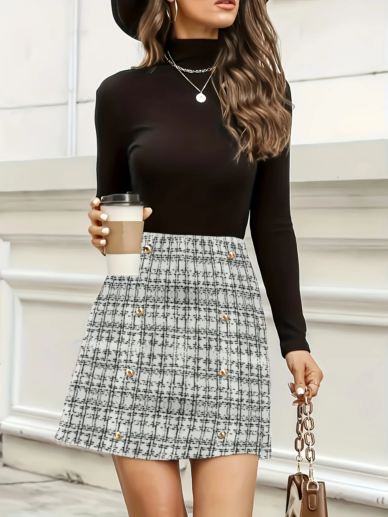 

Женская элегантная, строгая, универсальная белая юбка в клетку со средней эластичностью для осени/зимы