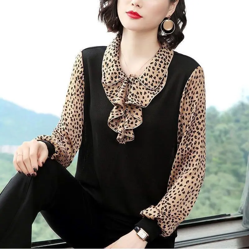 2023 Spring and Summer Korean Version Temperament Versatile Women's Top Fashion Printed Ruffled POLO Collar Long Sleeve Shirt