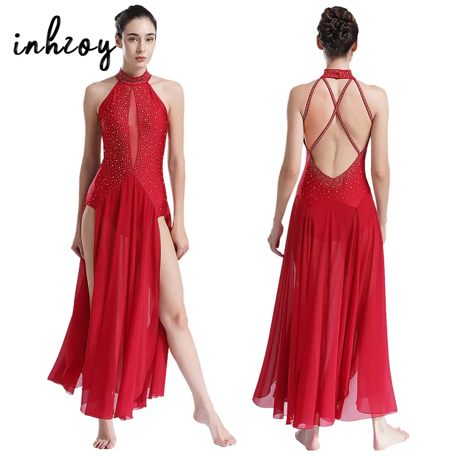 Traje de baile lírico para mujer, vestido largo largo con tirantes y espalda descubierta y diamantes de imitación, Ropa de baile moderna para competición puesta en escena