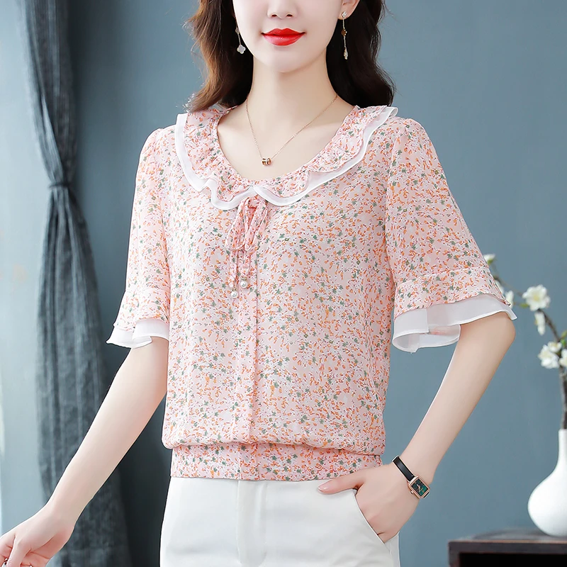 Summer New Short Sleeve O-Neck Women Blouse Casual Print Chiffon Blouse Shirt Women Tops Blusas Mujer De Moda 2024 Verano A238