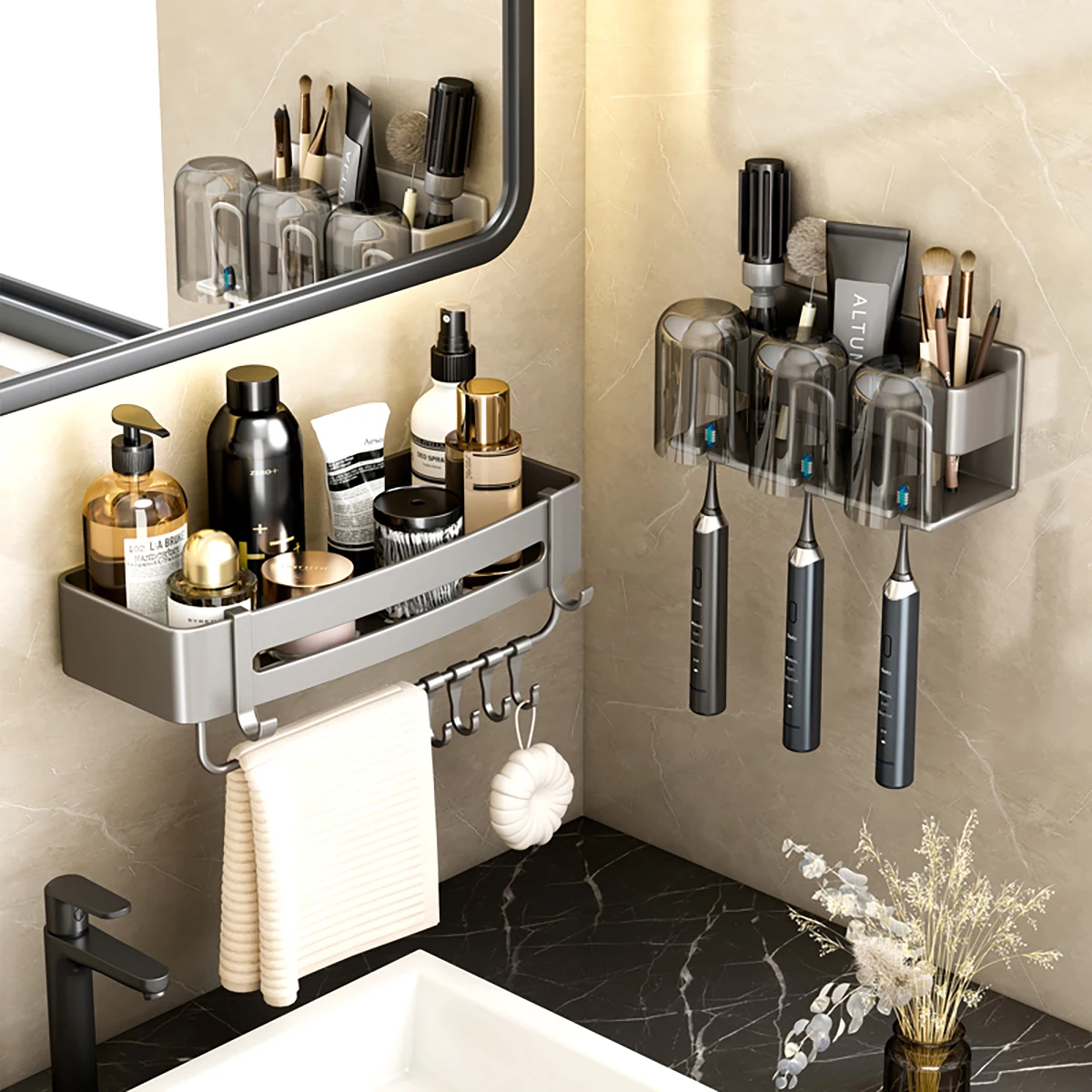 Metal Toothbrush Rack Multi-Function Toothbrush Holder Punch-Free Toothpaste Holder Wall-Mounted Bathroom Storage Box white