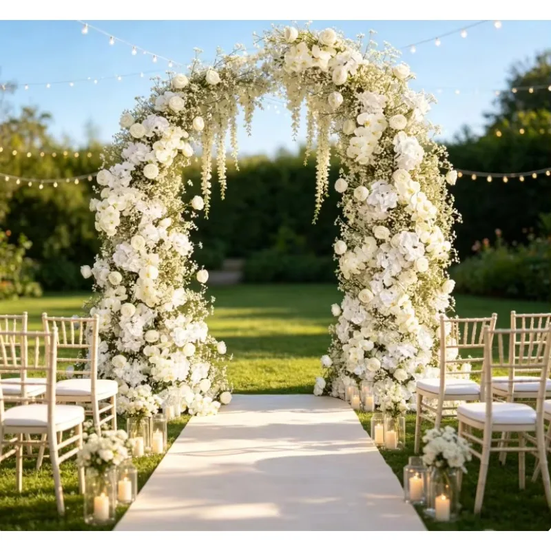 White artificial flower arched background wall with high-quality floral arrangement, suitable for wedding proposals