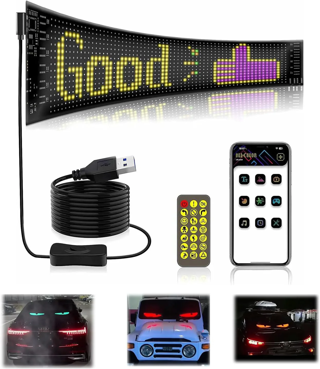 ledマトリックスピクセルパネル-usb-5v-rgb-車載サイン-bluetoothアプリ制御-フレキシブル-アドレッサブル-パターン-グラフィティ-スクロールテキスト-アニメーション