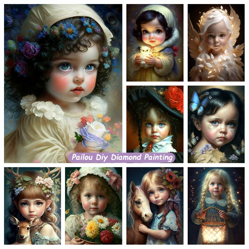 Diy 5d Cartoon Cute Girl Diamond Art Painting Big Eye Baby Angel With Flowers Full Drills Cross Stitch Mosaic Home Decor Gift