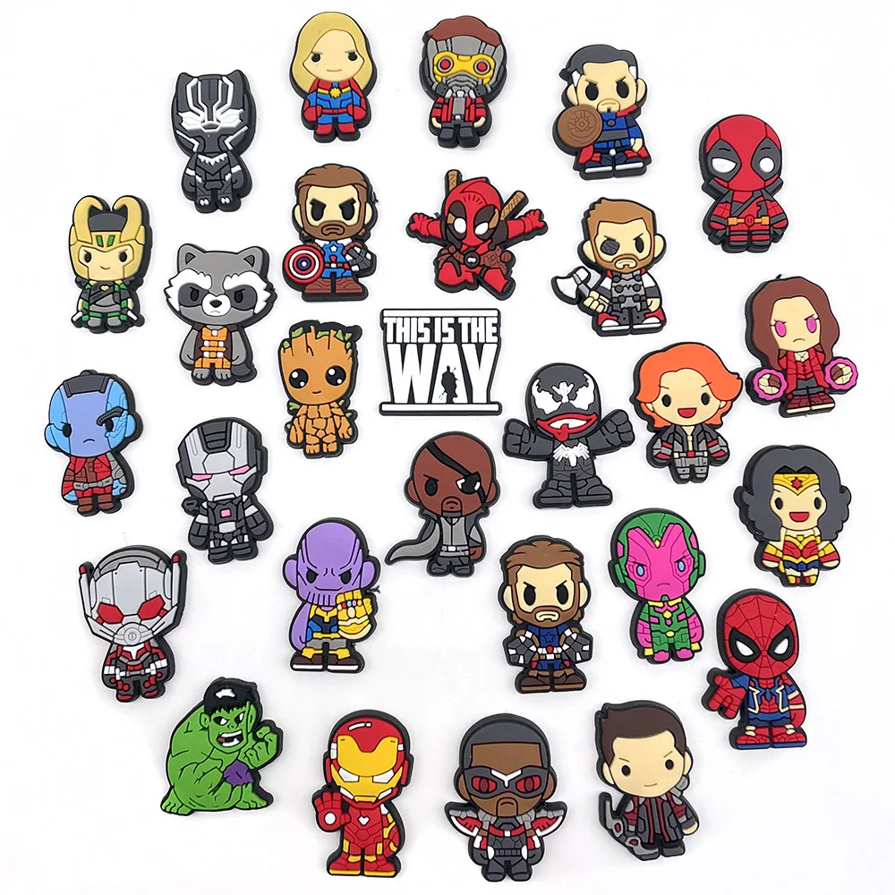 15/30pcs Superhero series PVC Shoe Charms Captain America Deadpool Thor Groot Venom Hi-Q Shoe DIY Accessories For Slides Sandals