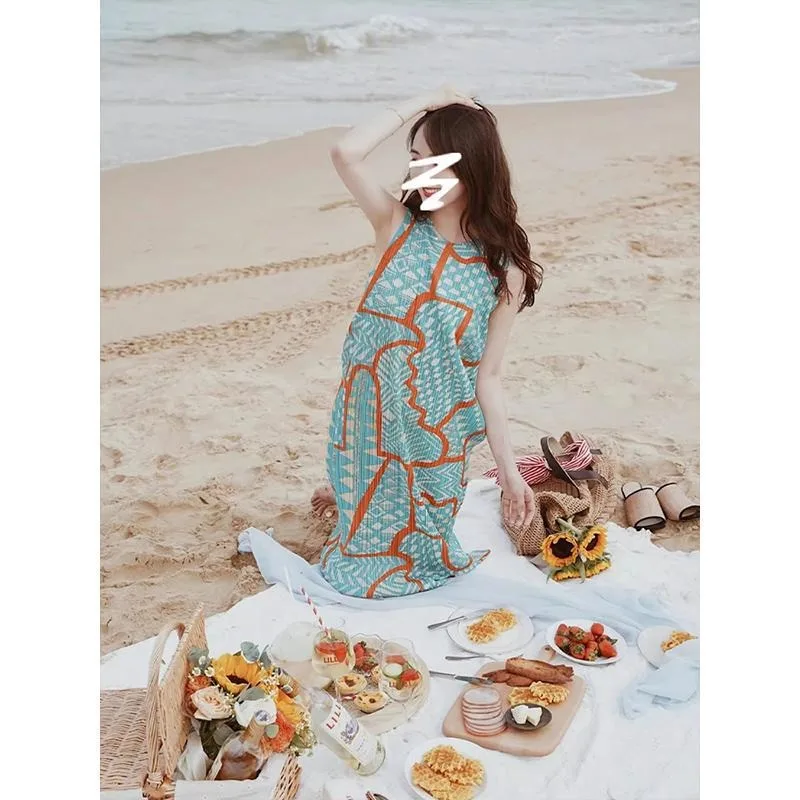 

Miyake 2025 Spring New Crew Neck Dress Femininity Fashion Casual Print Loose Sleeveless Pleated Beach Medium and Long Skirt