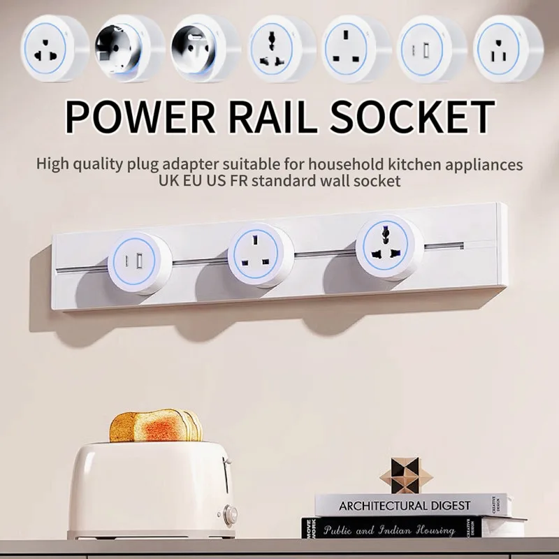 

Track Socket Kitchen Wall Outlet FR EU US UK Universal Standard Round Romovable Adapter Plugs Electrical Outlet With USB White
