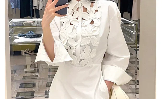 원피스 여성용 디자이너 화이트 셔츠, 고급스러운 가벼운 럭셔리 꽃 긴팔 셔츠, 원피스 레이디 셔츠, 2024 초가을 신상 디자인 센스