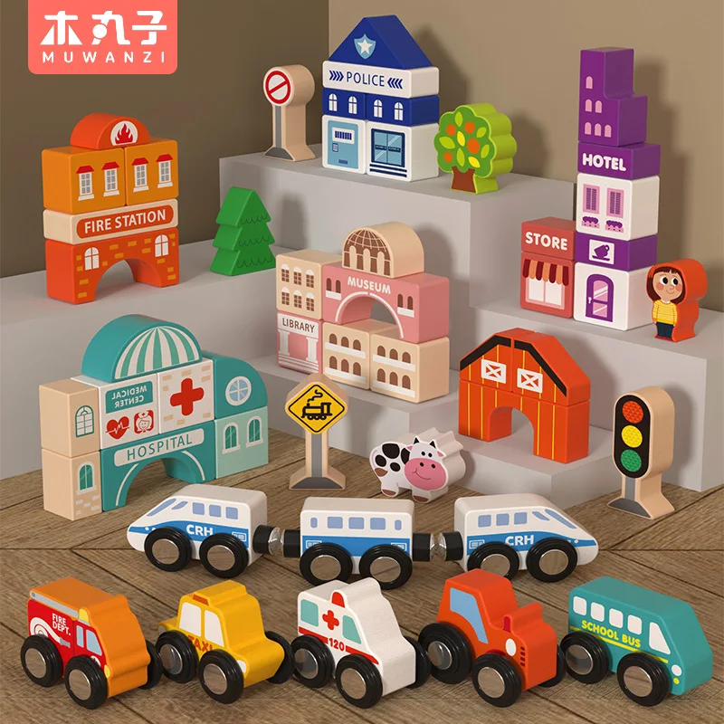 مجموعة ألعاب تجميع السكك الحديدية الخشبية للسيارة ذات الطابع الحضري، قاطرة كهربائية مغناطيسية، لعبة ألغاز ذاتية الصنع للأطفال، XT173