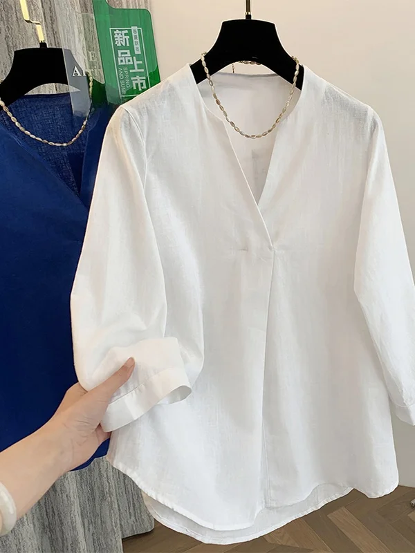 قميص نسائي فضفاض بأكمام طويلة من الكتان باللون الأزرق الفاتح، قميص ربيعي برقبة على شكل V، قميص مريح للحماية من الشمس، قميص قط... #4