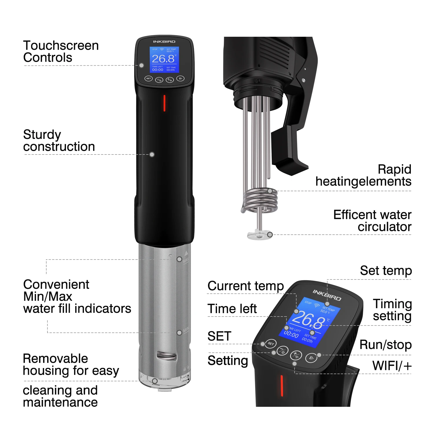 INKBIRD EU Wifi Culinary Sous Vide ISV-100W Home Precision Cooker Durable Immersion Circulator with Stainless Steel Components