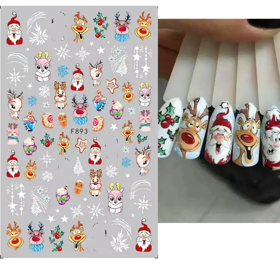 Cartoon 3D babbo natale pupazzo di neve adesivi per unghie serie natalizia decorazione per unghie sollievo fiocchi di neve foglie adesivi per unghie