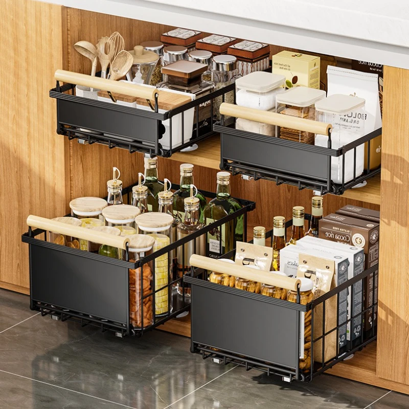 

New model Kitchen Lower Sink Shelf Drawer Pull Basket Snack Storage Basket Striped Foldable Cabinet Pull-up Shelf