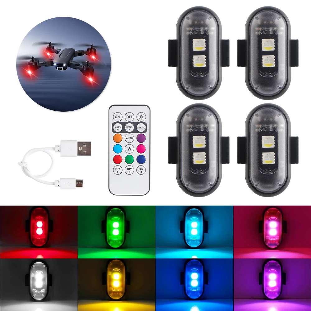 

2PCS 4PCS DRL Car Aircraft Strobe Lights RGB USB Colorful Anti-collision Drone Night Flight With Remote Control Warning Light