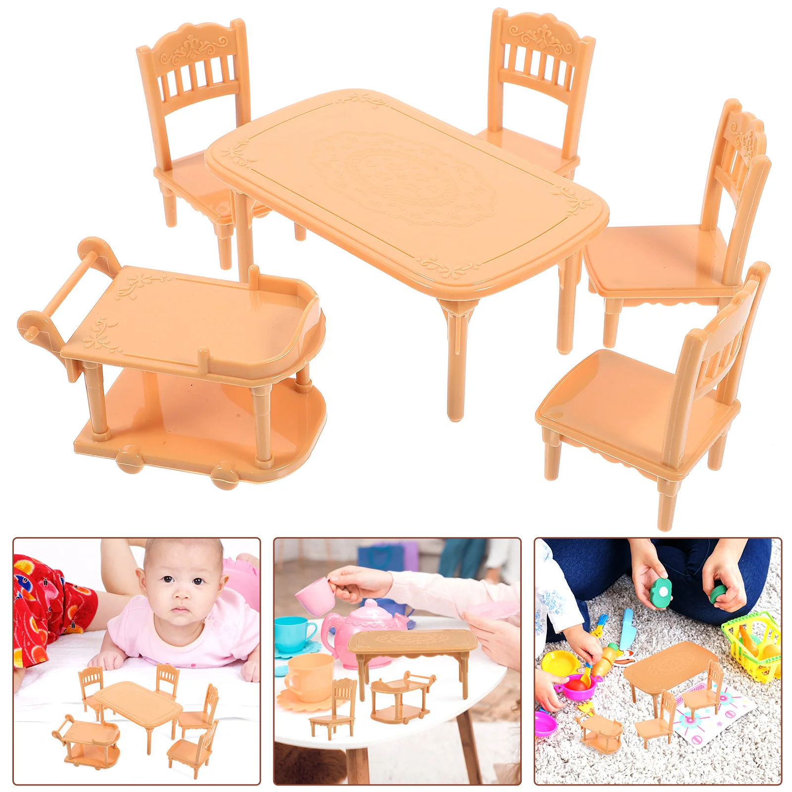 Mesa e cadeiras para casa de bonecas, mini móveis minúsculos de jantar, brinquedo em miniatura de plástico para bebês