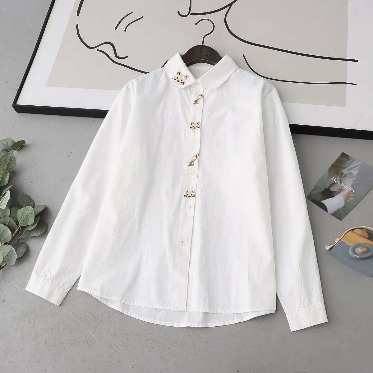 New Autumn Cotton White Shirts Women Embroidery Collar Tops Girl Long Sleeve Cartoon Casual Cute Loose Blouses Spring T30491QM