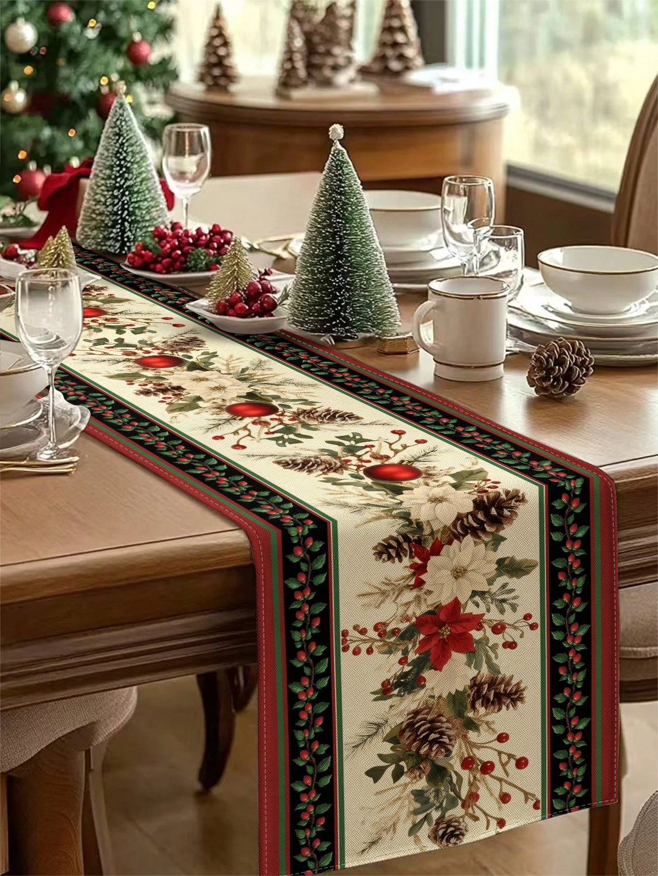 1 Christmas Poinsettia Pinecone Printed Table Runner Vintage Floral Christmas Home Decor Dining Table Decoration Classic Durable