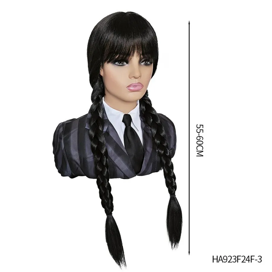 PESENAR 조정 가능한 긴 검은 직선 땋은 가발 할로윈 의상, 수요일 의상 가발 머리 어린이 소녀 코스프레 파티