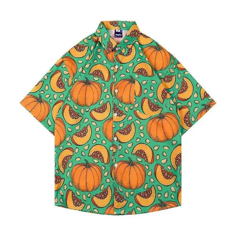 Pumpkin Full Print Halloween Beach Shirt Men's Hawaii Tropical Style Short Sleeve Camisa Japanese Summer Shirts Women Casual Top