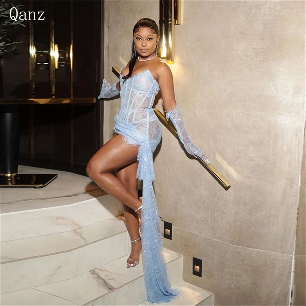 

Qanz Blue Lace Short Prom Dresses Sexy Mermaid Dubai Luxury Dress for Women Evening Party Plus Size Corset Back Cocktail Dresses