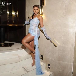 Qanz Blue Lace Short Prom Dresses Sexy Mermaid Dubai Luxury Dress for Women Evening Party Corset Cocktail Dresses Customized