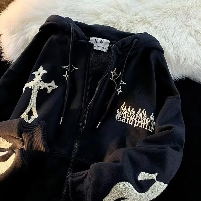 Autumn Winter Y2K Hooded Sweatshirt Coat Women Retro Embroidered Long Sleeve Streetwear Jacket