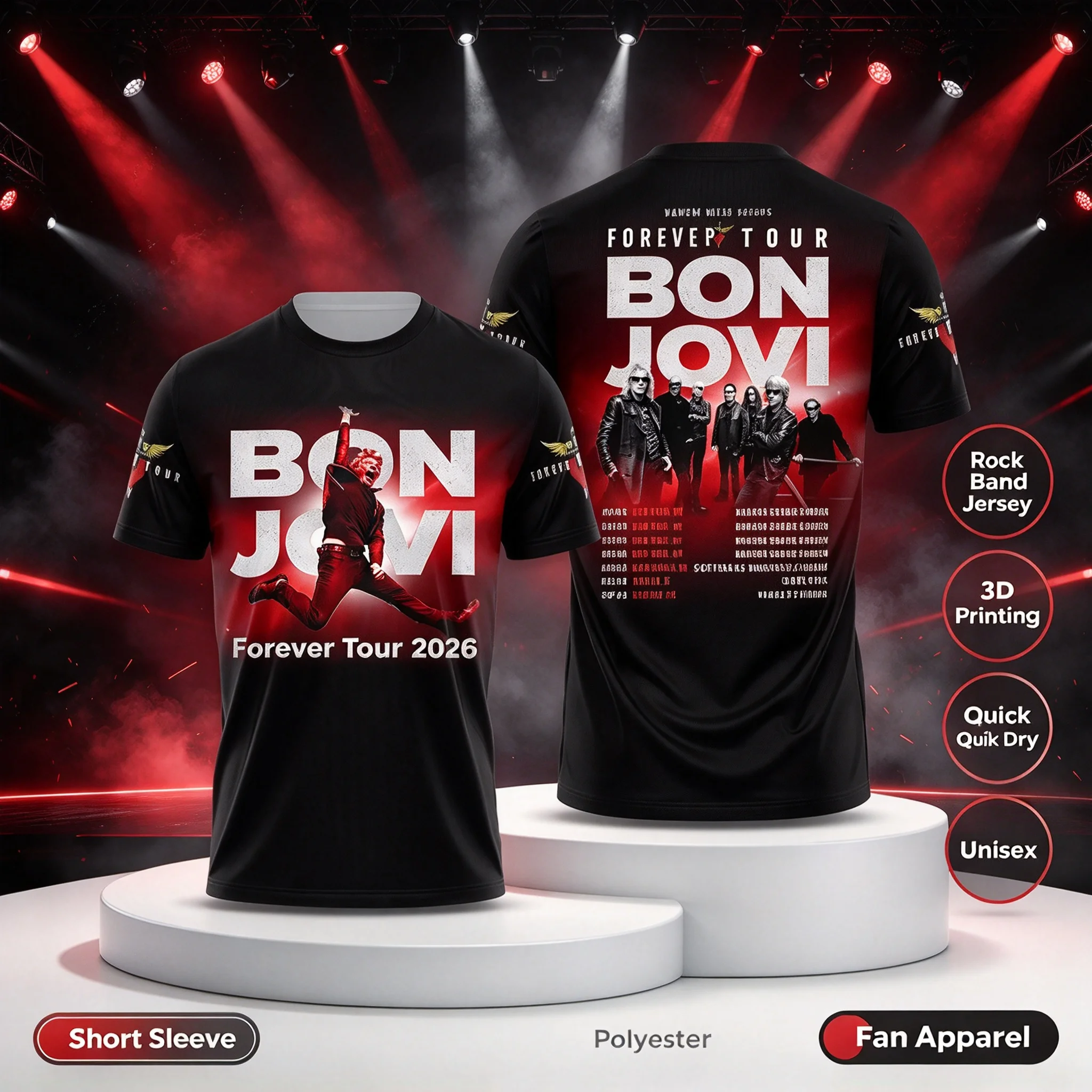 Forever Tour 2026 American Rock Street Style 3D Printed Bon Jovi Commemorative Edition Men's Casual T-Shirt Quick-drying Top