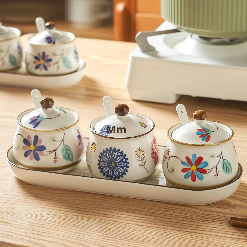 Ceramic Heatable Spice Jar Set High Temperature Resistant Household Salt Nuts Jars Lid Spoon Kitchen New Chinese Style