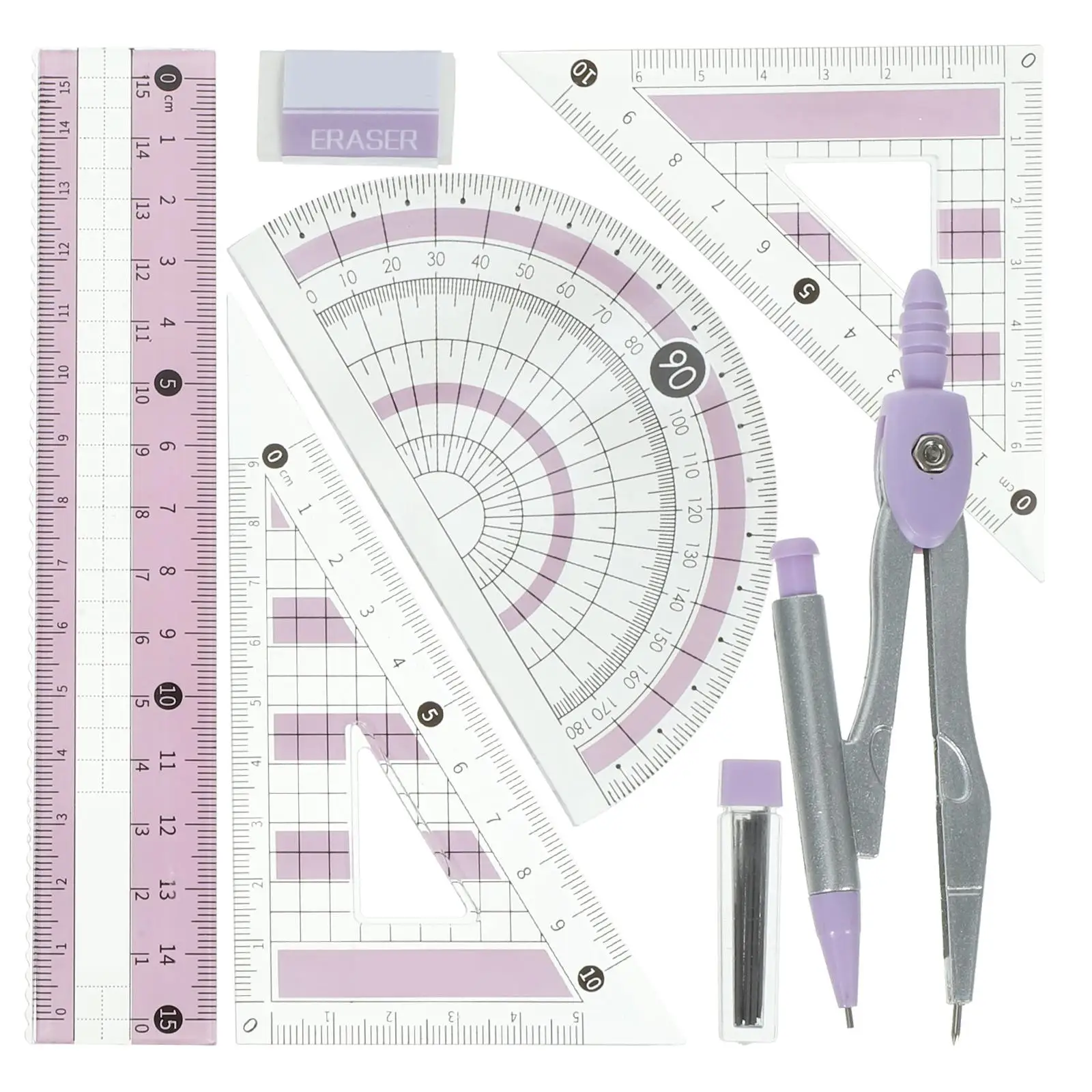 7pcs Ruler Set Compass Protractor Transparent Pink Drawing Tools Kit for Kids Students Office Use School Supplies
