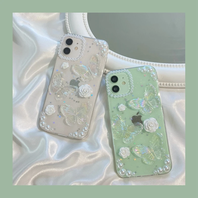 For Apple IPhone 11 12 13 14 Pro Max SE 20 7 8 Plus X XS MAX XR Epoxy Pearl Flowers Butterfly Transparent Phone Case Soft Cover