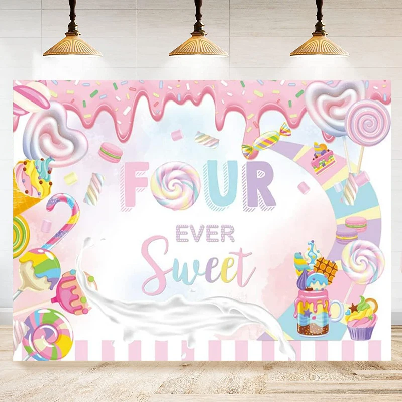 

Photography Backdrop Candy Ice Cream Lollipops Sweet Dessert Kids Girls Pink Fourth Birthday Background Princess