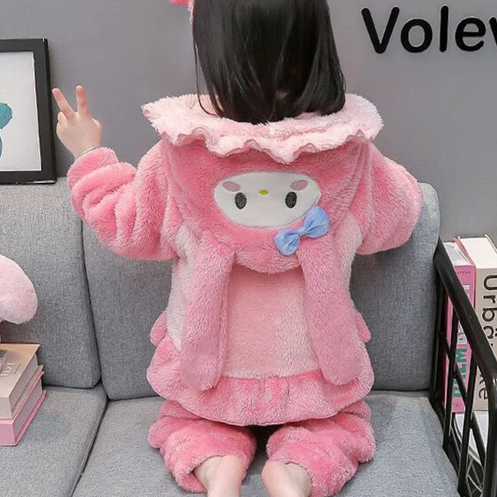 

Anime Cartoon Melody Children Velvet Pajamas Nightgown Sanrio Kawaii Girl Thicken Warm Hooded Long Style Winter Flannel Homewear