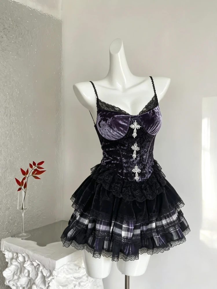 

New Summer Casual Sweet Women's Matching Sets Lace Spliced Camisole Tops + Plaid High Waist Mini Skirt Chic Retro Female Outfits