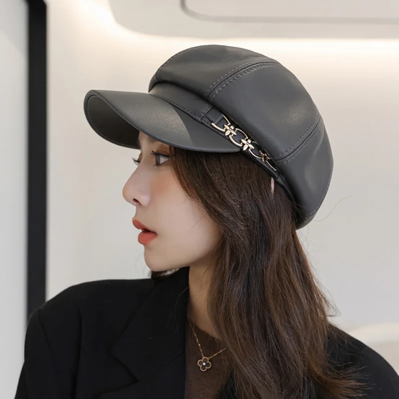 Spring Harajuku Women Winter Octagonal Hat Female British Retro Genuine Leather Beret Caps Baseball Cap Golden Chain Beanies