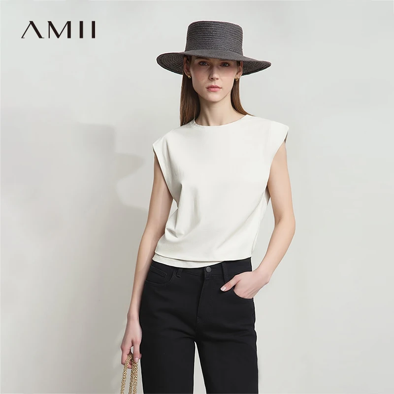 Amii Women's Short Sleeve Tee 2026 Summer Round Neck Solid Color Cotton Tee Casual Slim Simple Shoulder Pad Top Women 12652035