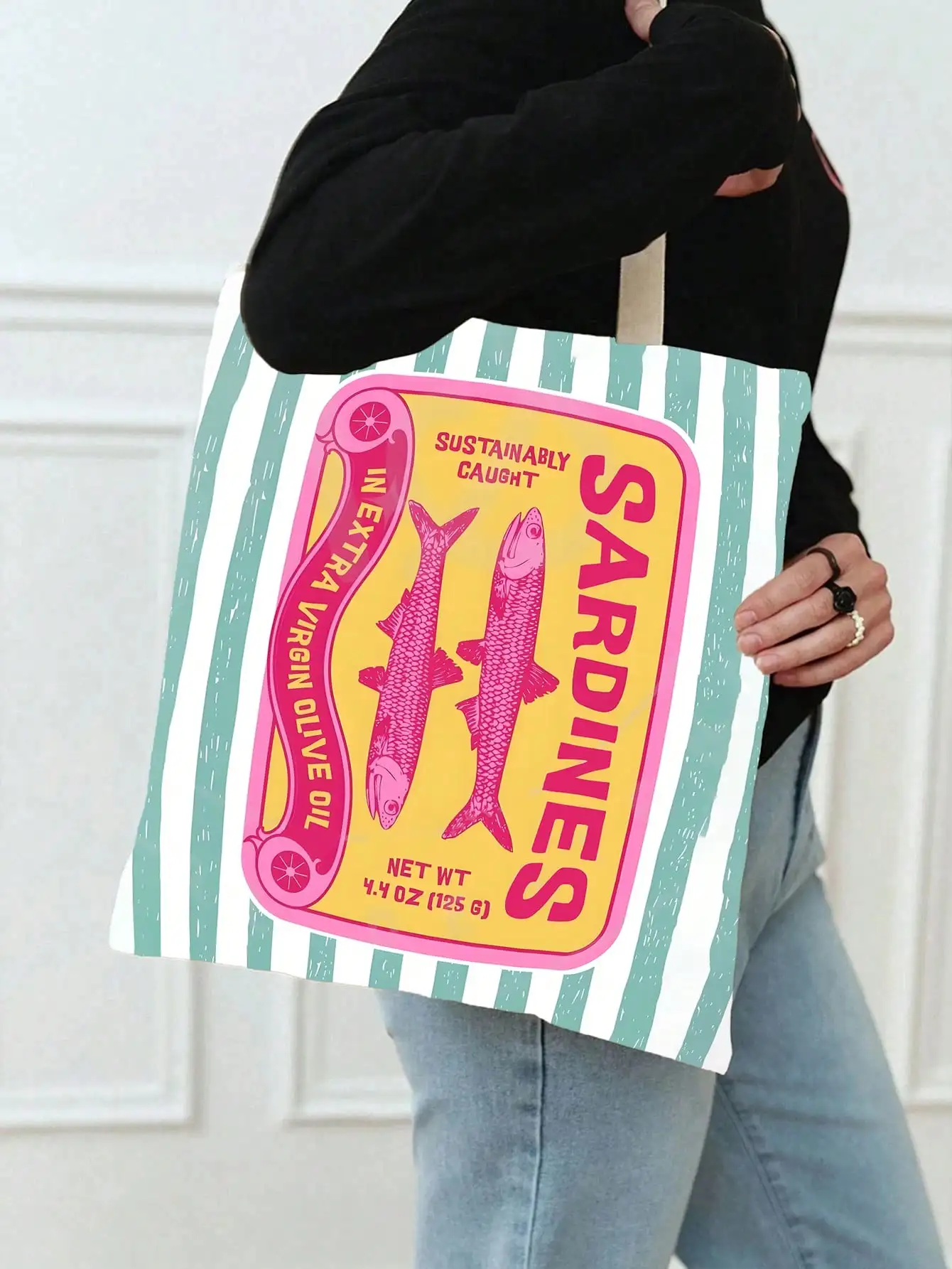 Women Reusable Tote Bag Handbag And Cosmetic Set - Colorful Minimalist Pink And Green Striped Sardines Polyester Shopping Bag