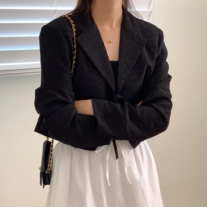 Boutique Style Women's Short Coat with Bow Tie Long Sleeve Suit Collar Fashionable Versatile Polyester Daily Wear