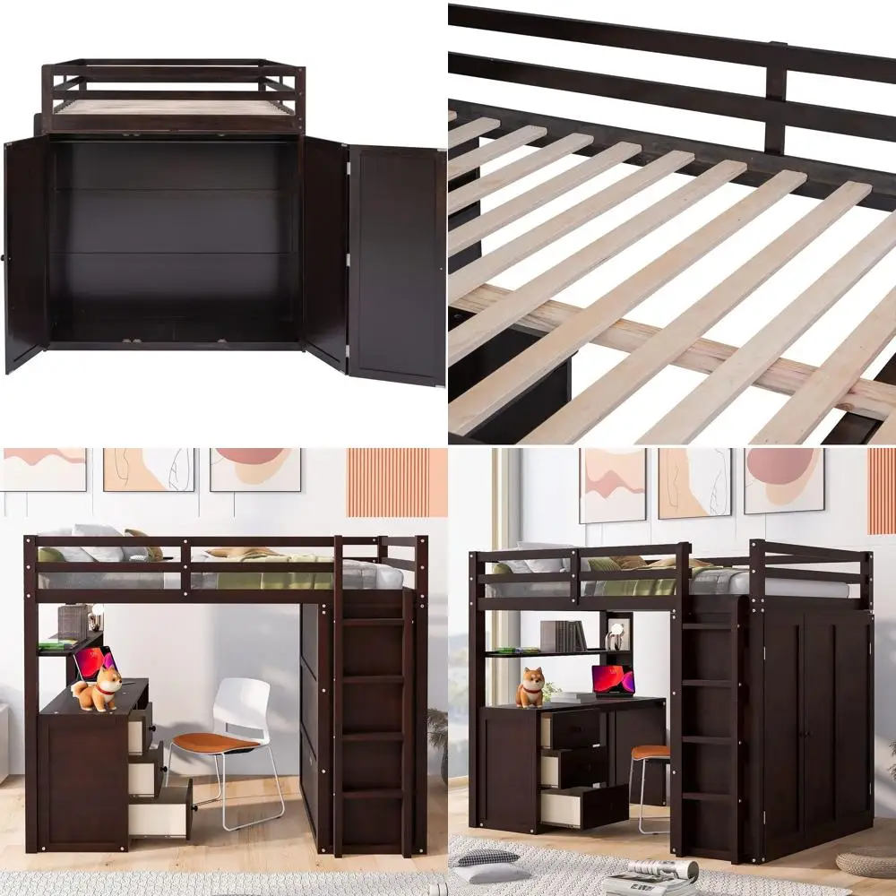 

Кровать-чердак Harper & Bright Premium Full-Size с письменным столом и шкафом, из массива дерева, с выдвижными ящиками для хранения, подходит для детей, подростков и взрослых.