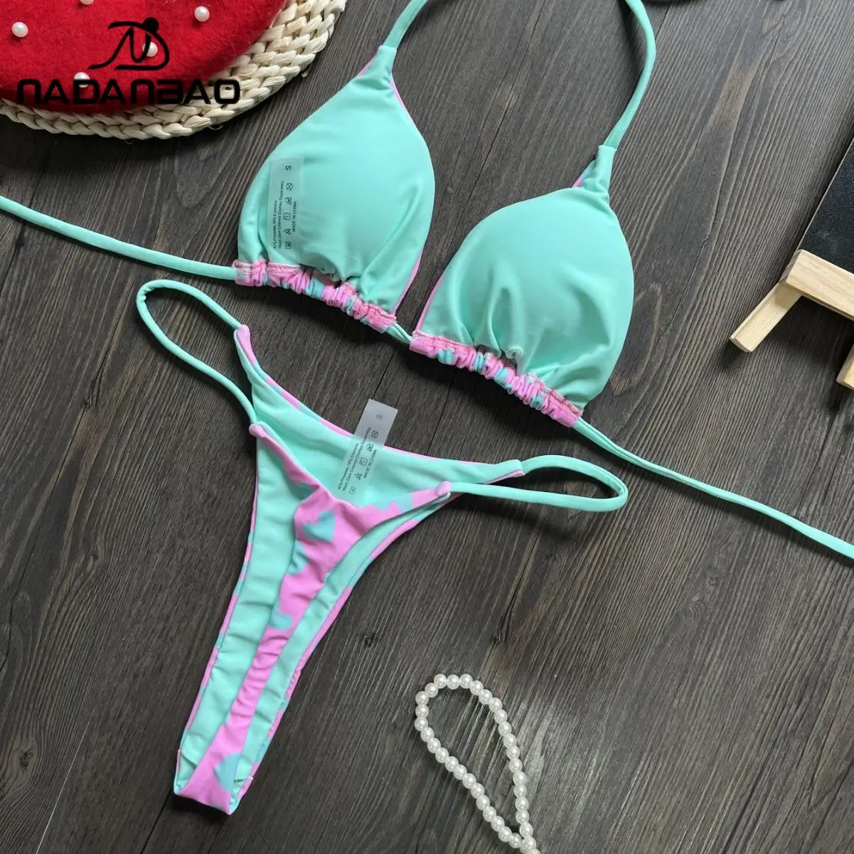 Nadanbao-Conjunto de Bikini con estampado de corazón para mujer, traje de baño Sexy con espalda descubierta para fiesta en la playa, traje de baño plisado de dos piezas con cuello Halter