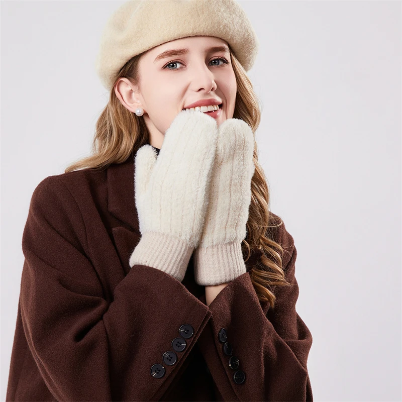 Guantes de piel de visón de imitación de doble capa para mujer, manoplas cálidas y gruesas suaves de felpa coreana de Color sólido con todos los dedos para invierno