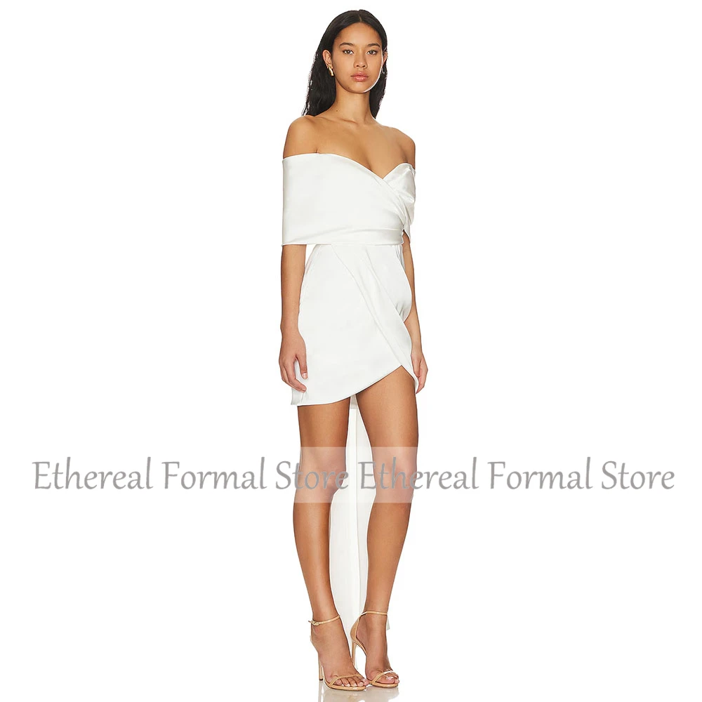 ファッションオフショルダーカクテルドレスミニショートアイボリーサテンパーティードレス高品質イブニングドレス膝丈サウジドレス