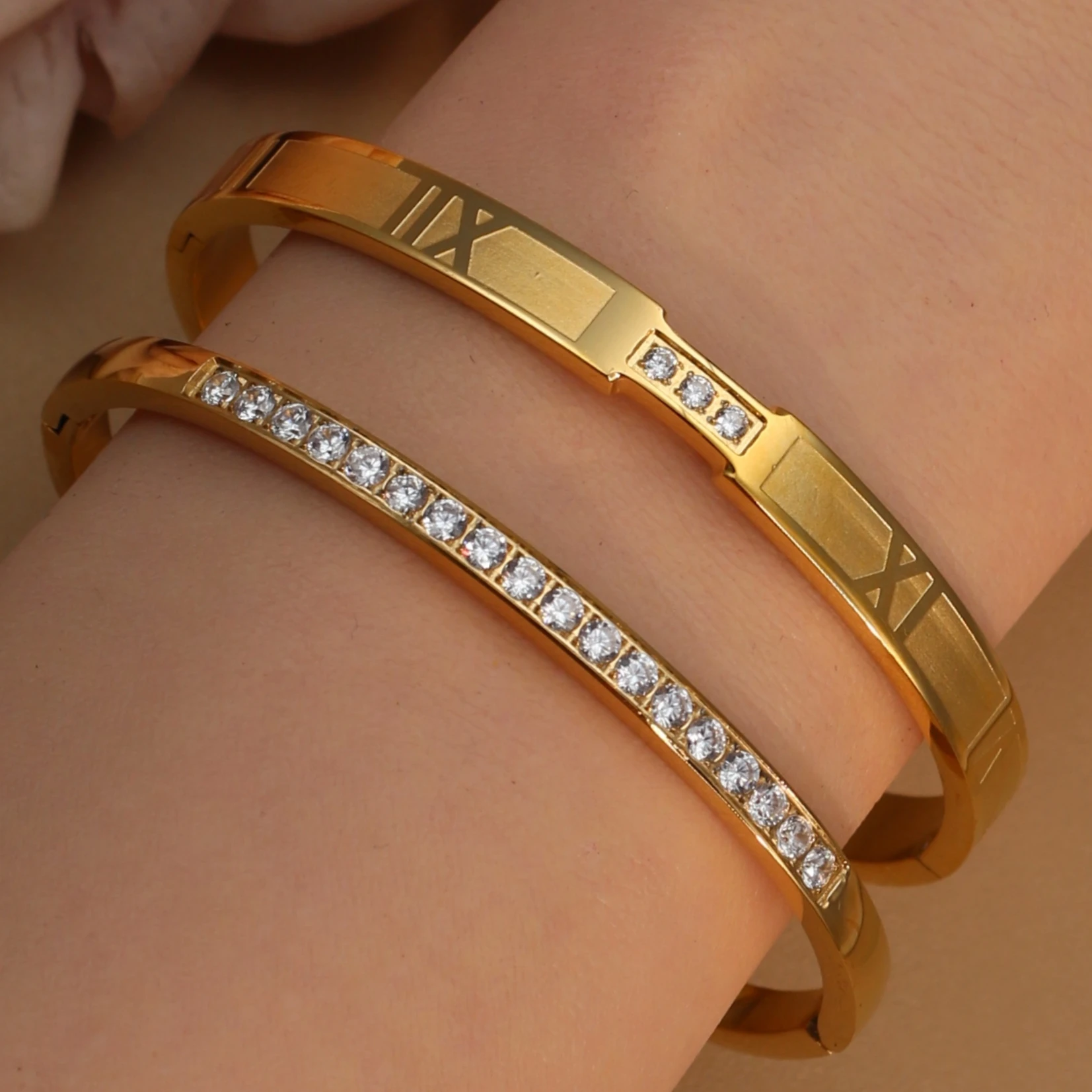CNC Zircon Roman Numeral Stainless Steel Bracelet Plated With 18 K Gold, Wholesale Jewelry For Women, Birthday Gift