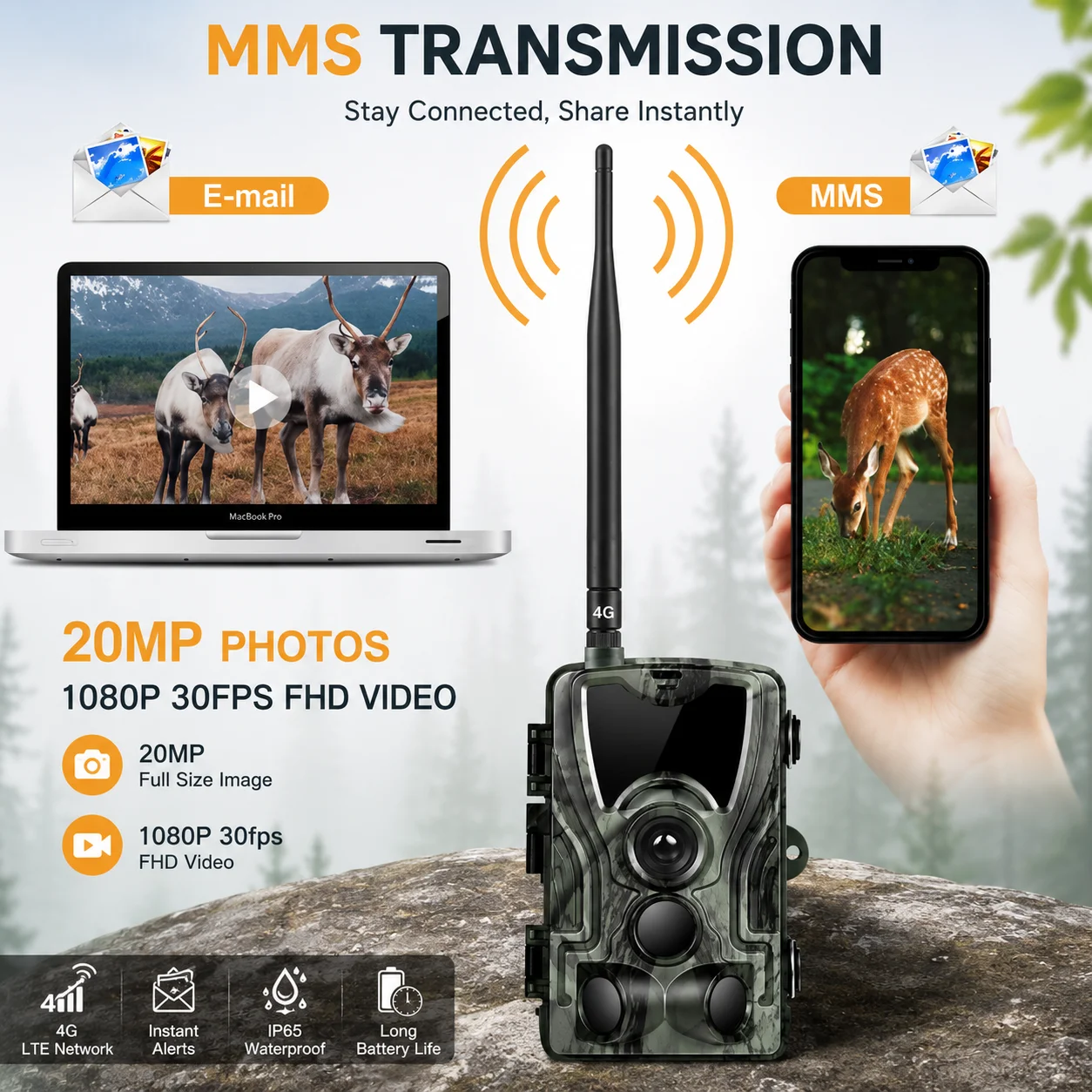 Outdoor HC-801LTE 4G Hunting Camera 20MP Infrared Camera MMS/SMTP Photo Trap 0.3s Trigger Time 940nm LED Wild Camera PhotoTrap