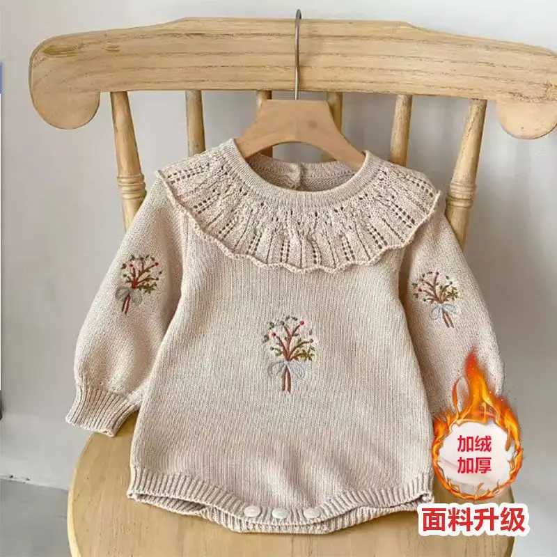 New Baby Autumn Collection Knitted Lotus Leaf Collar Long Sleeve Bag Fart Clothes Female Baby Sweater Jumpsuit Crawler Clothes