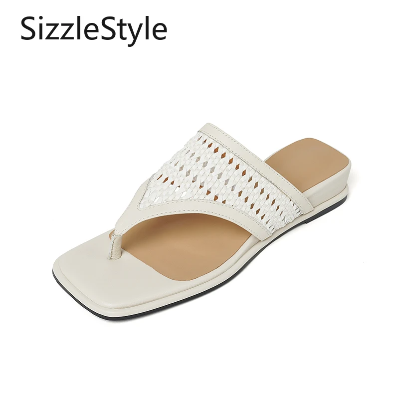 

Fashionable Ladies' Genuine Leather Simple Square Head Wedge Heel Stitching Hollow Summer Flip Flops