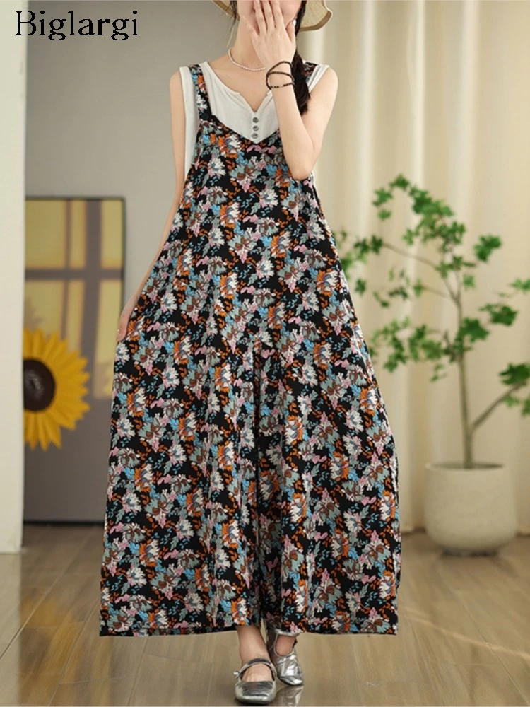 Oversized Summer Print Wide Leg Jumpsuit Women Loose Pleated Modis Ruffle Ladies Jumpsuits Casual Woman Sleeveless Slip Jumpsuit